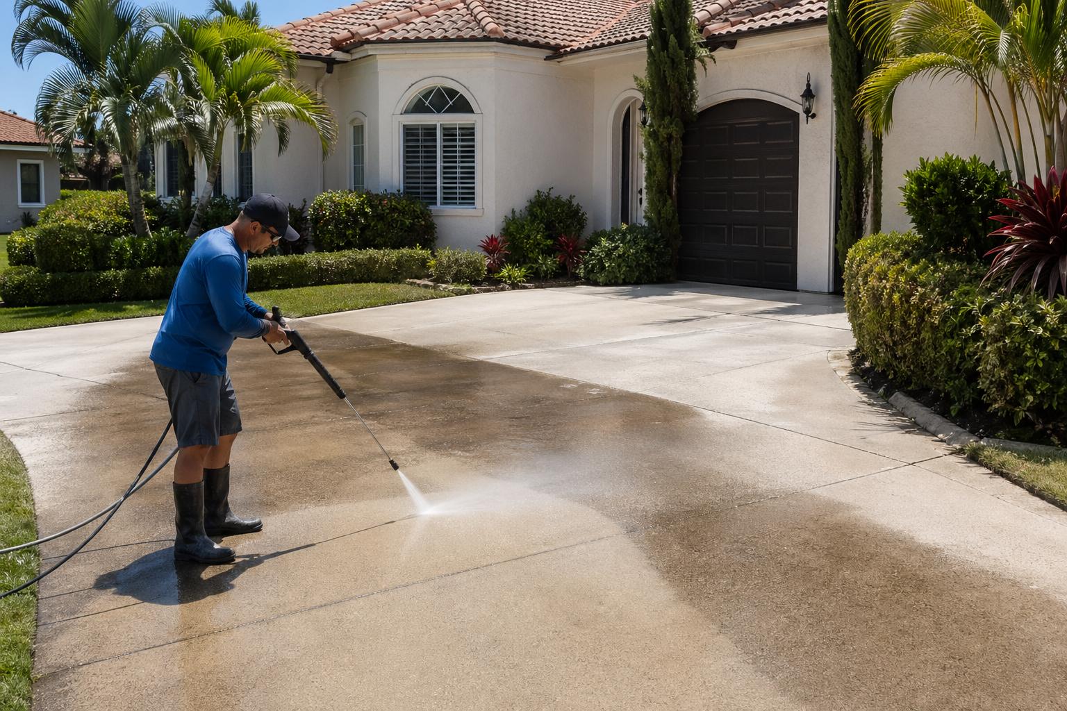 Residential driveway being professionally cleaned